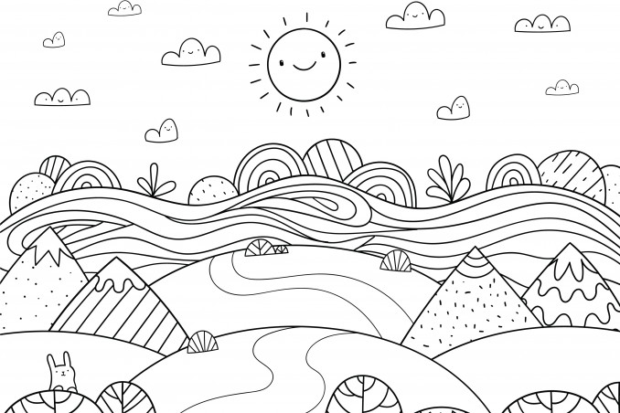 disegno paesaggio estivo da colorare, disegno estate da colorare, disegno estate, paesaggio estivo da colorare